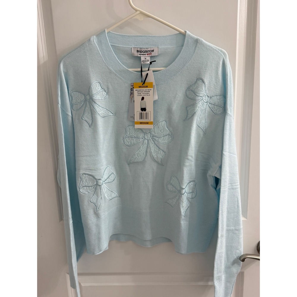 Bridgerton Netflix Lace Bow Applique Sweater Light Blue Womens Medium 990464896